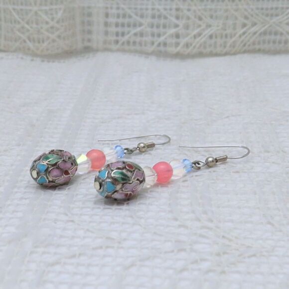 Handmade Dangle Earrings, Blue Cloisonne Bead, Crystal, Dressy Business Jewelry - Picture 7 of 7